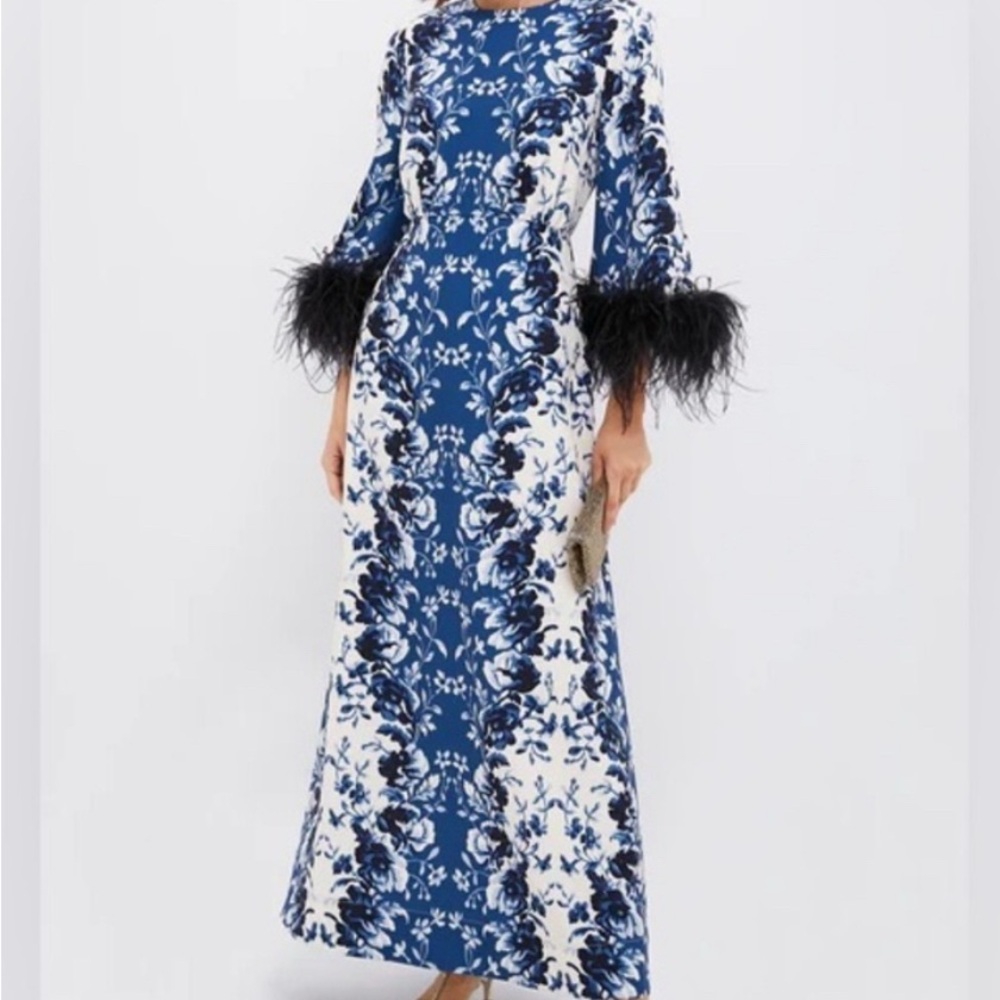 Tuckernuck Blue and White Floral Dress with Black Feather Cuffs